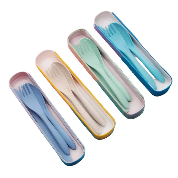 Eco-friendly Wheat Straw Spoon Fork Knife Cutlery Set Travel Camping Plastic Wheat Straw Tableware Set