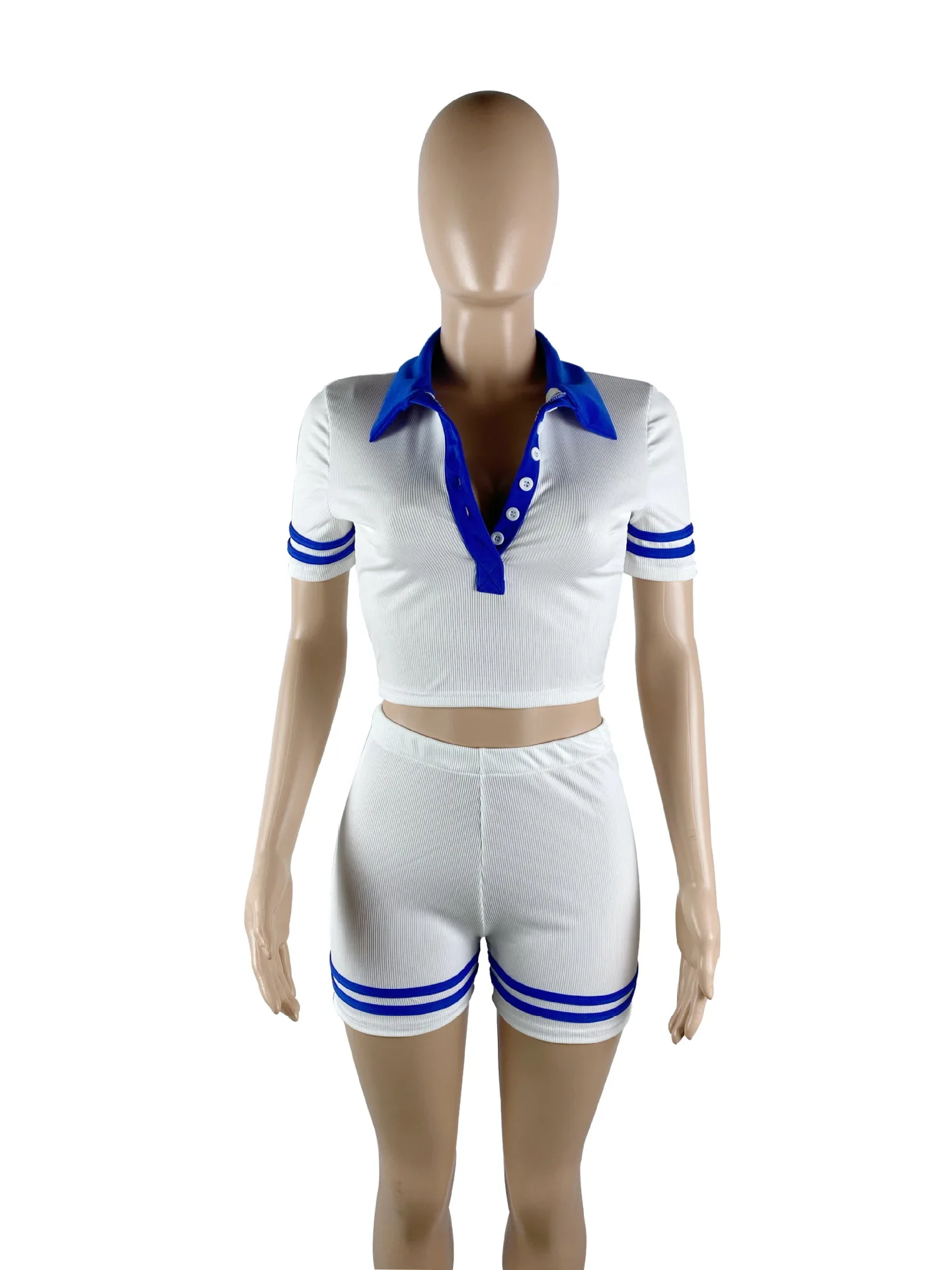 Hot Sale Ribbed Button Splice Polo Collar Short Sleeve Crop Tops And Slim Shorts Women Summer Casual Two Piece Sets