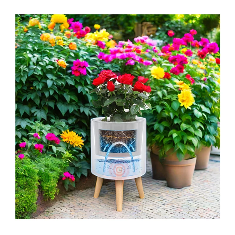 Modern Automatic Plastic Smart Flower Pots with Legs Wire Drawing Self-Watering Garden Planter for Home Decor Growing Planting