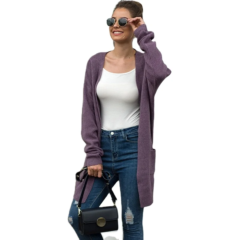 
Classic Style Women Cardigan Quick Dry Purple Full Sleeve Clothing Sweaters With Pockets 