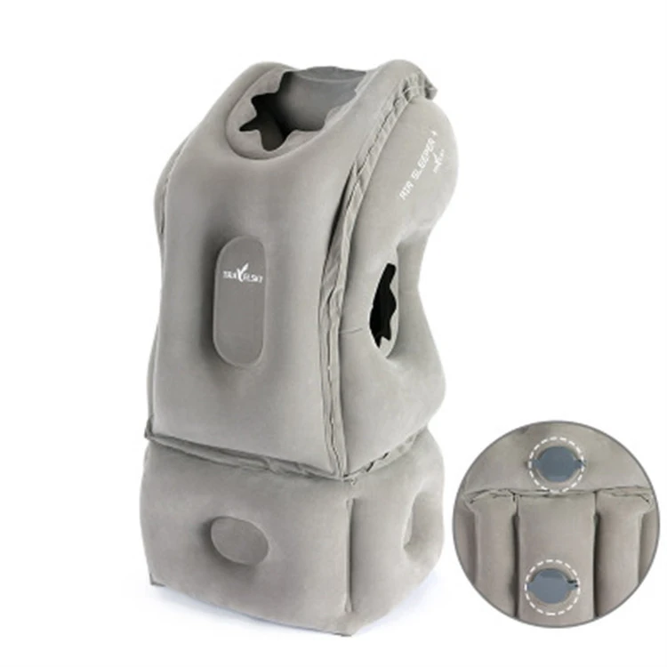 Travelsky Airplane PVC Flocking Adjustable Inflatable Travel Neck Pillow Wedge Double Layer Inflatable Travel Pillow