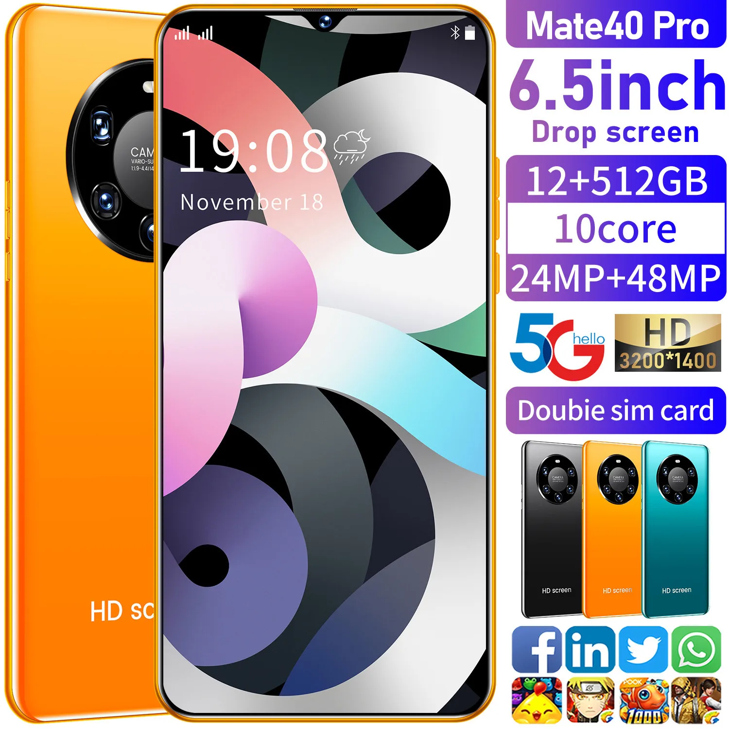 Wholesale OEM M40 Telephone 6.5 inch Smartphone 12GB+512GB Full Screen Mobile Phone Finger/Face Unclock Smart Phone