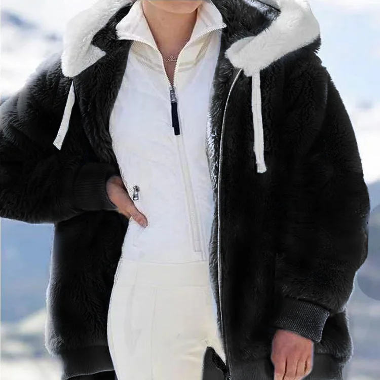 Hot sale women new autumn and winter loose plush zipper hooded coat
