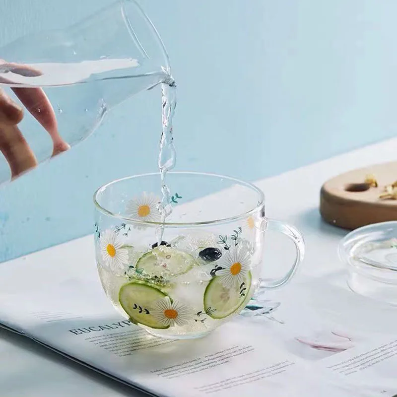 Solhui Cute Daisy Milk Glass Cup Ins French Wine Juice Glasses with Handle