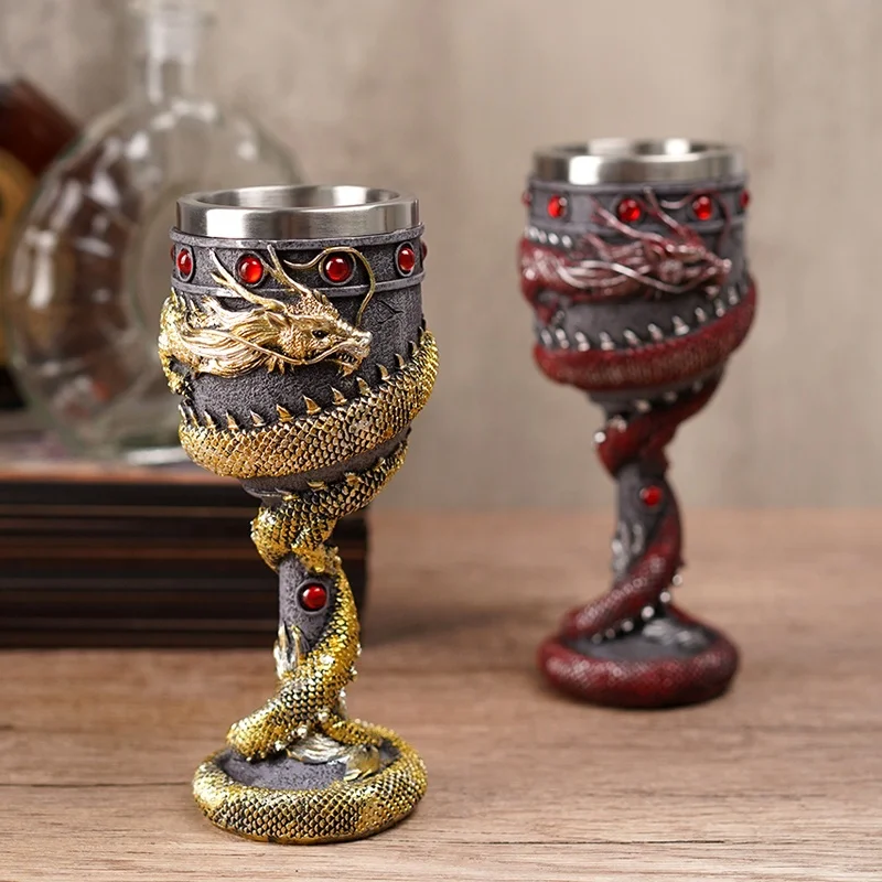 Creative personality three-dimensional carving vintage Chinese dragon goblet wine glass home decoration shop ornaments