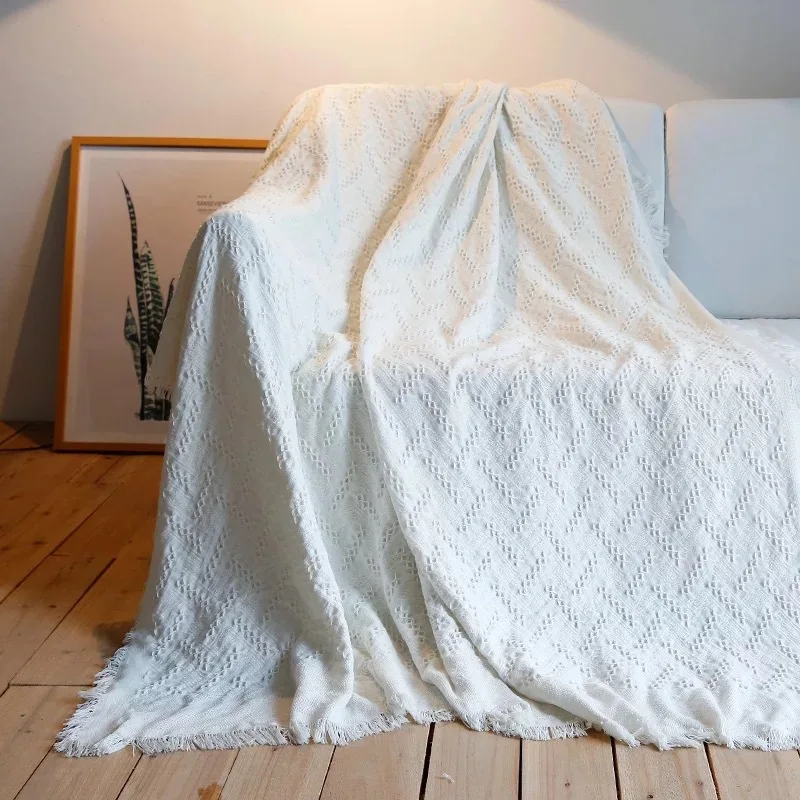 
Sofa cover pure color white cotton knitted bohemian throw with tassel macrame 