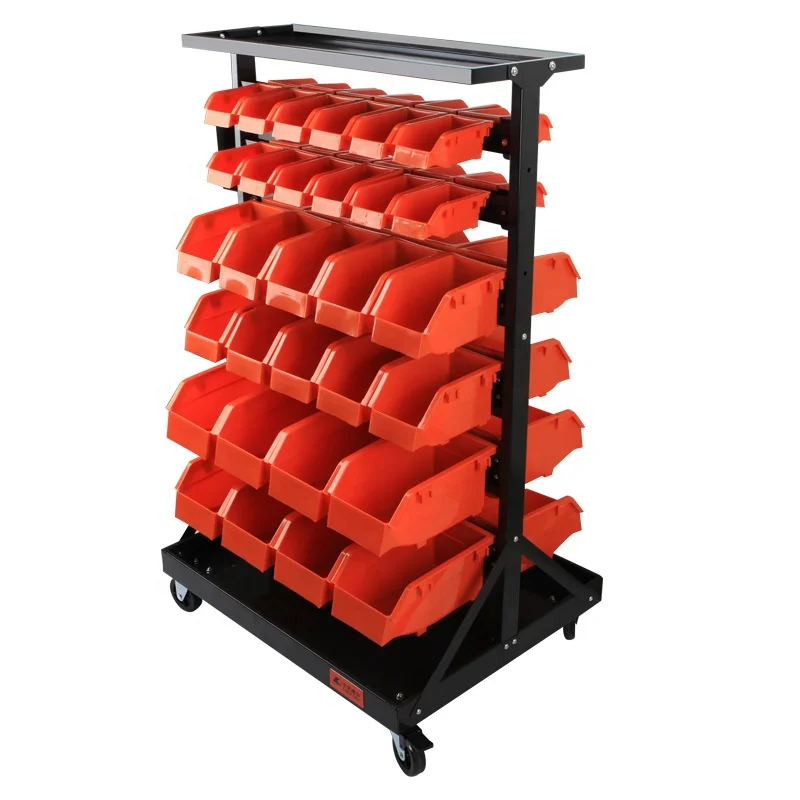 movable Double sides plastic storage bins metal rail hanging racks for hardware, tools and crafts