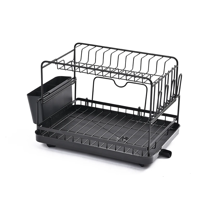 WIREKING 2 Layer Stackable Metal Dish Plates Rack Dish Drying Racks with Plastic Dish Drainer utensil holder