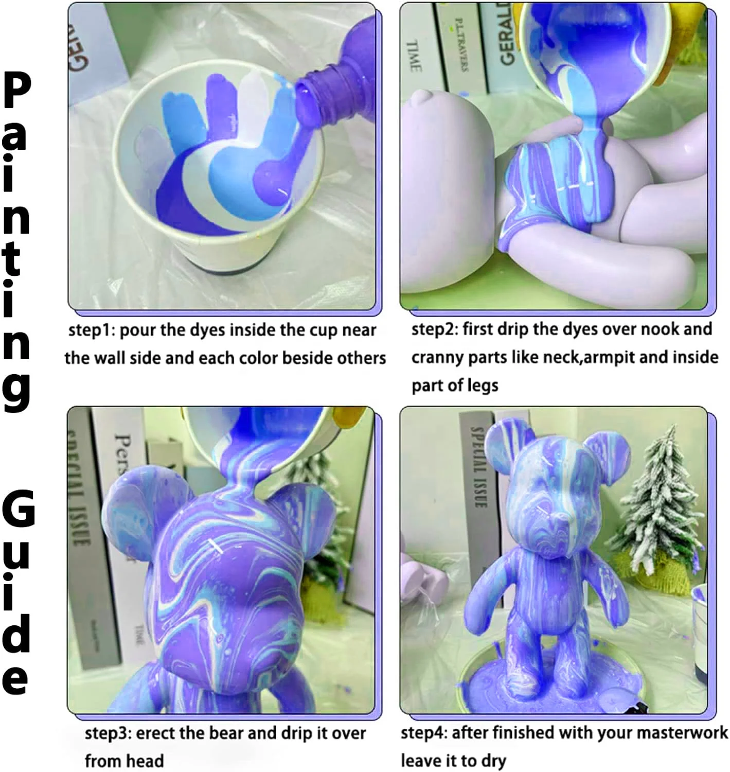 2024 Pouring Paint Fluid Art Set 23 Cm Bear with 3 Colors For Kids Handmade