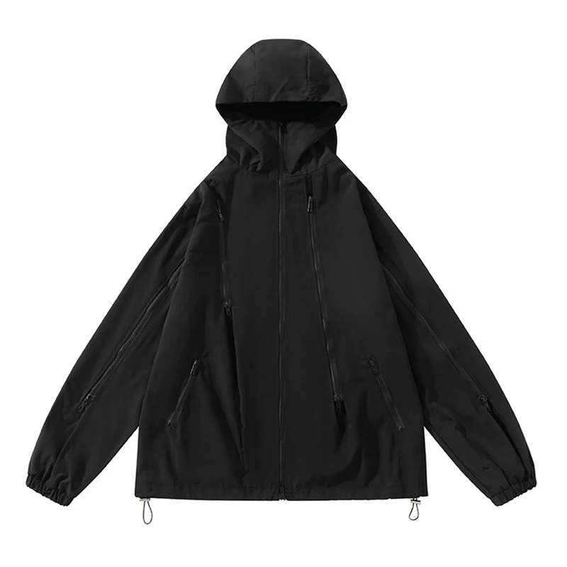 Custom Hooded Outdoor Loose Jacket Waterproof Seamless Multi Zipper Street Wear Lightweight Jacket