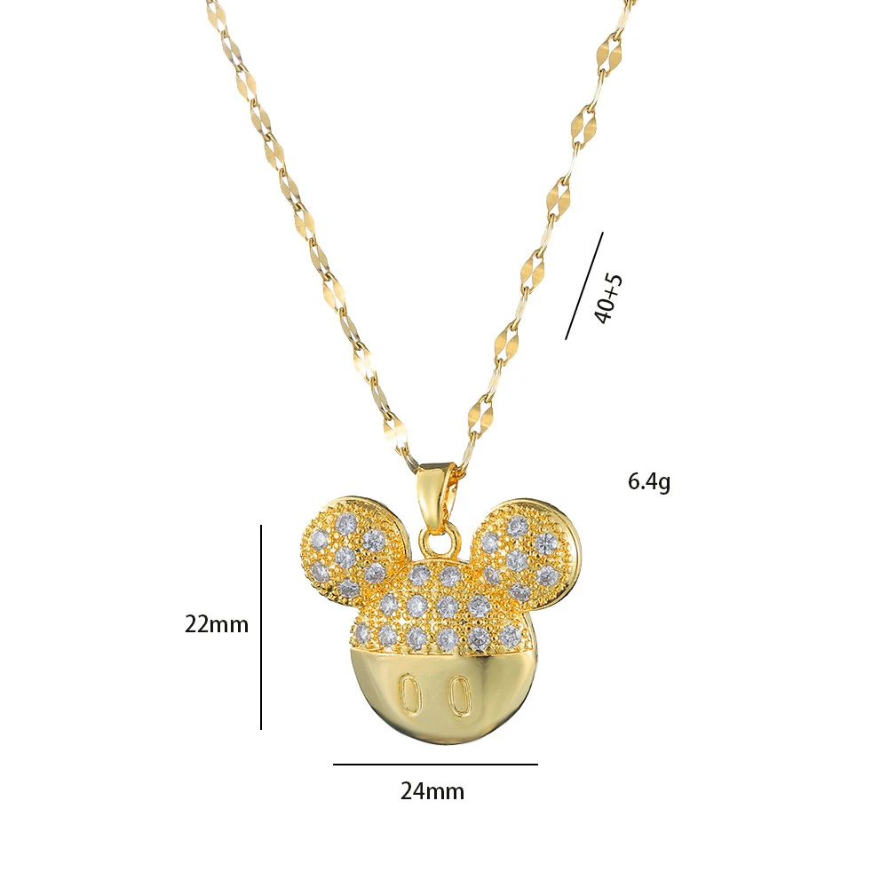Fashion Waterproof Silver 18K Gold Plated Stainless Steel Diamond Zircon Women Mouse Ears Mickey Necklace Jewelry