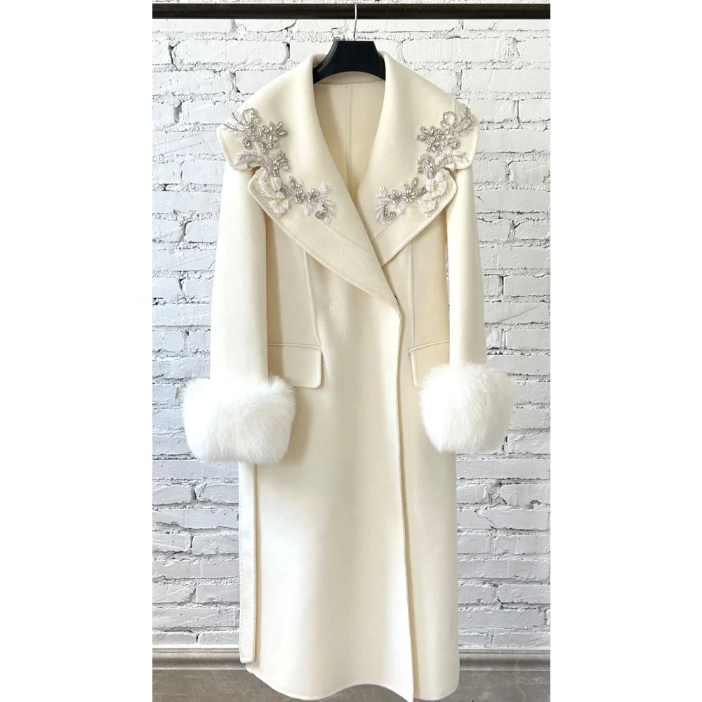 New Design High Quality Luxury Long Solid Color Woven Beading Applique Wool Cashmere Belted Coat With Real Fur Cuffs For Ladies