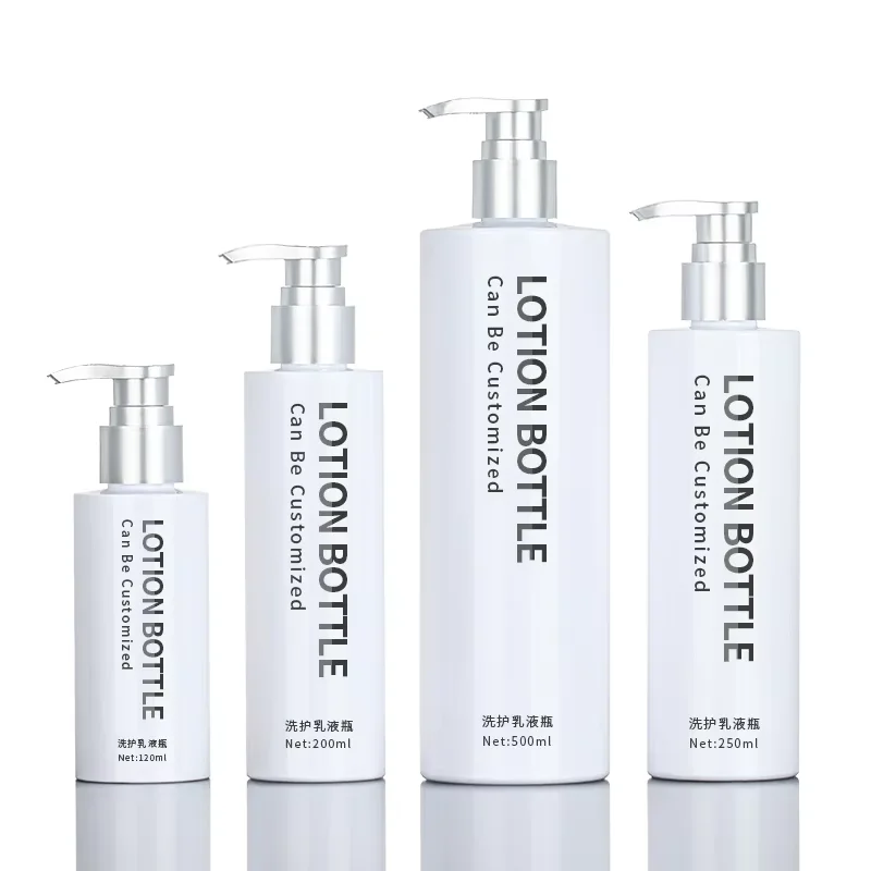 PET plastic round 120ml shower gel 200ml 300ml 500ml silver lid plastic shampoo and conditioner pump skincare packaging bottle