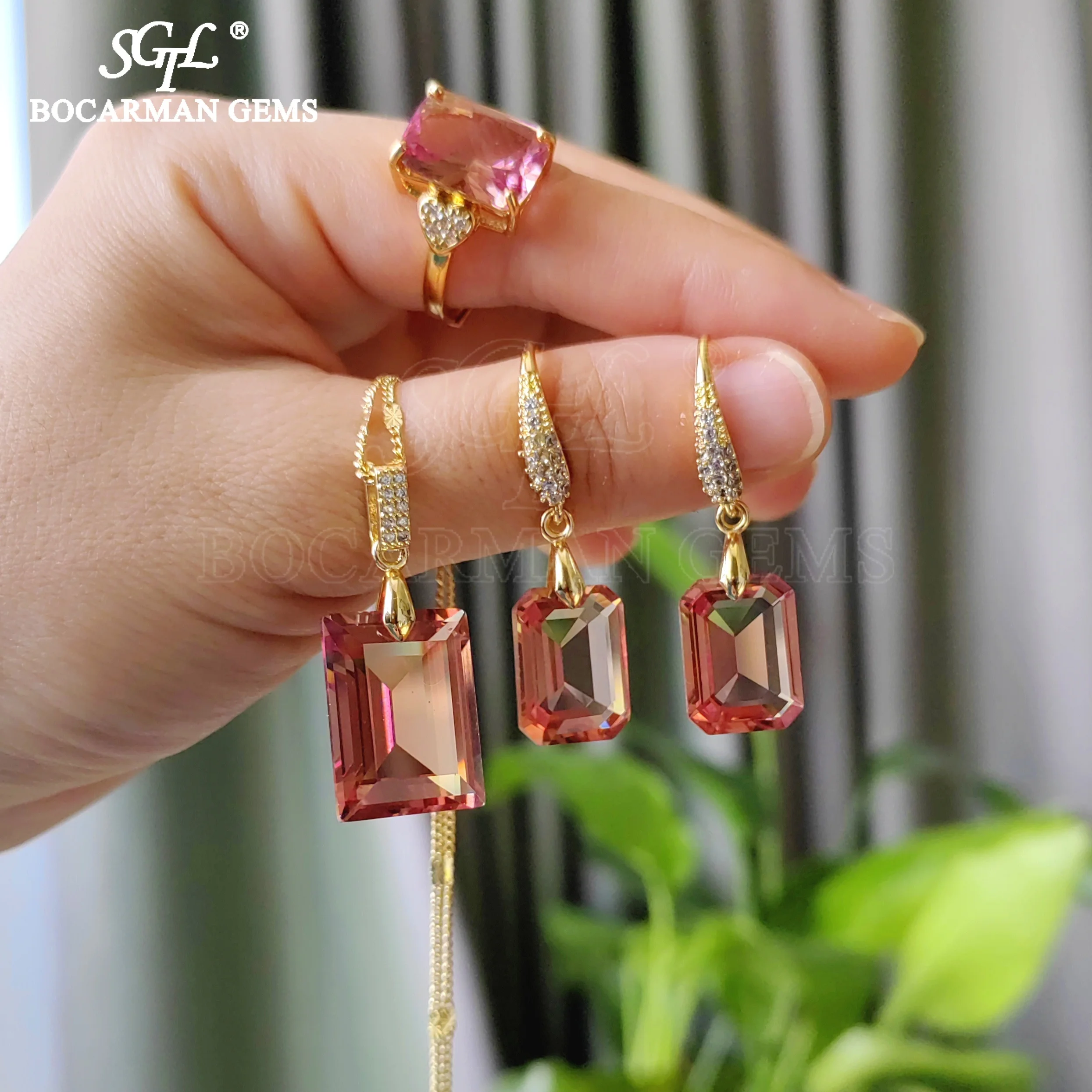 Bocarman new Turkish color changing sultanite earrings Ring Pendant three-piece set of jewelry bride, party accessories