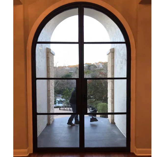 French Style Wrought Iron Doors Metal Steel Glass UL Certified Lock Finished Surface Exterior Home Use Arch Glass Windows Design