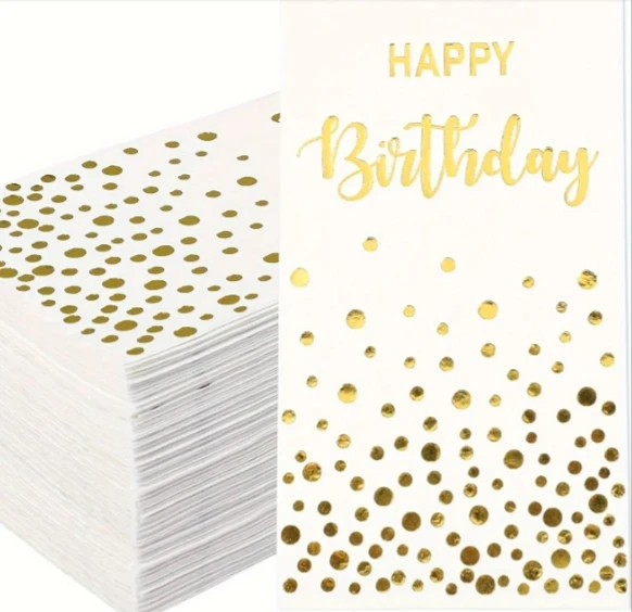 100pcs Happy Birthday Paper Napkins 3-Ply Gold Dots Disposable Napkins for Birthday Party Supplies Dining