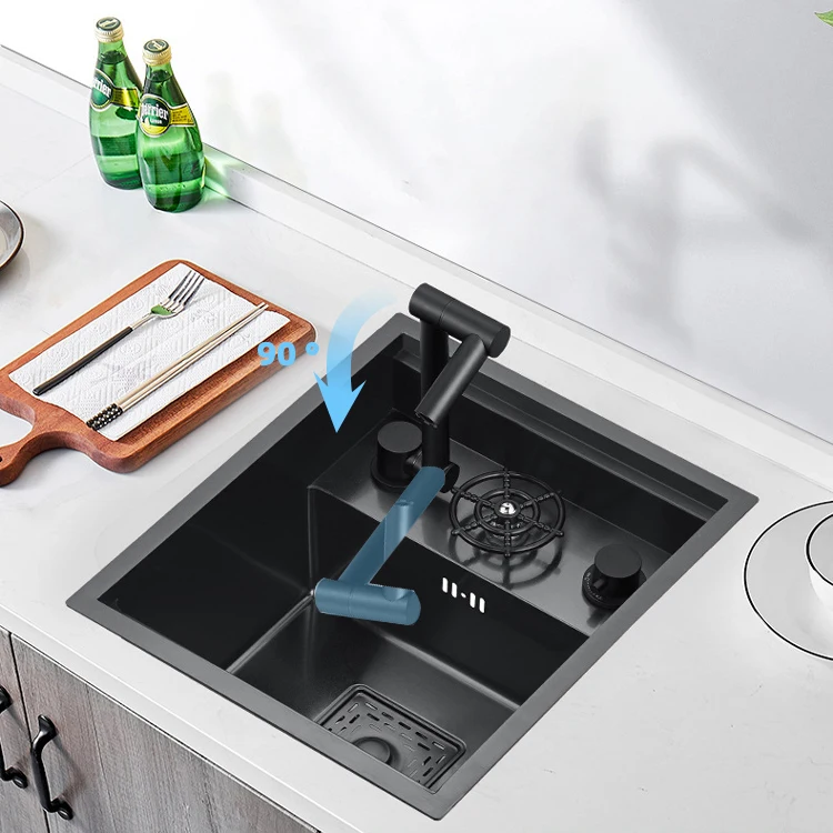 Invisible Flat Cover Single Bowl Modern Stainless Steel Luxury Kitchen Sinks Glass Rinser Built In Tea Bar Sink