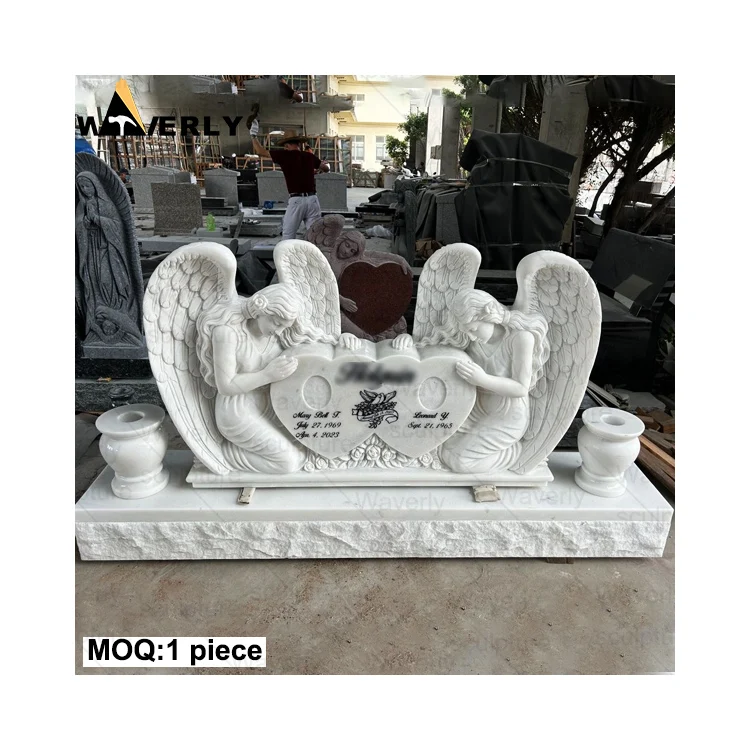 Custom Design Cemetery White Marble Weeping Angel Statue Tombstone Granite Kneeling Angel Headstone For Graves