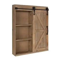 Wood Wall Storage Cabinet with Vanity Mirror And Sliding Barn Door, Rustic Brown Cabinet
