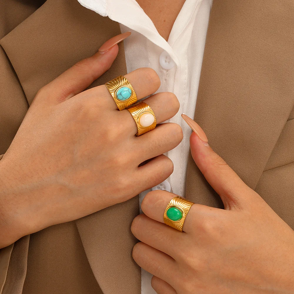 Stainless Steel Waterproof 18K Gold Rings High Polished Trending Rings Adjustable Natural Stone 316L Stainless Steel Rings