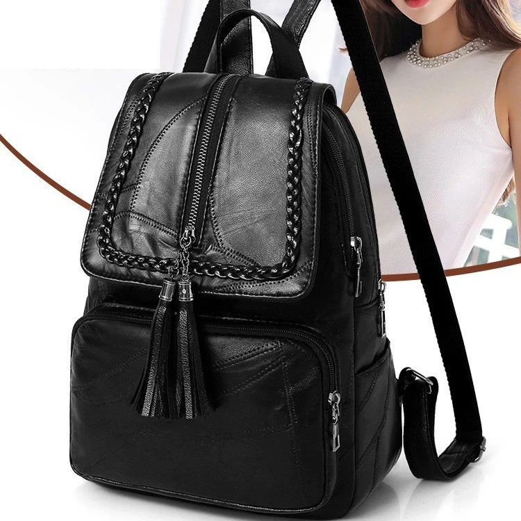 2024 New Backpack Female New Backpacks For Women Black Travel Backpack Soft Leather School Bags For Teenage Girls And Women