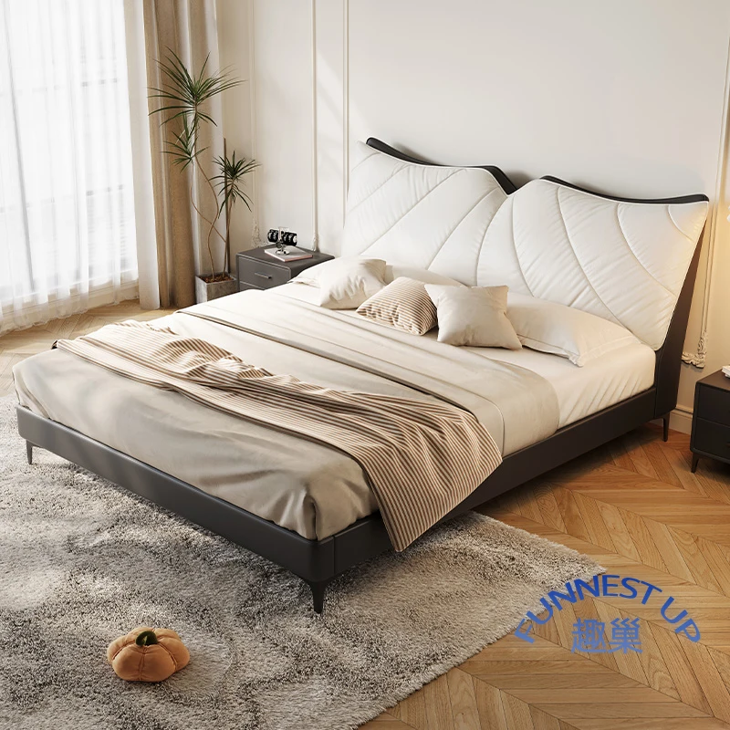 Italian minimalist luxury leather bed frame headboard cowhide bed room set storage puff soft bag leather bed frame king