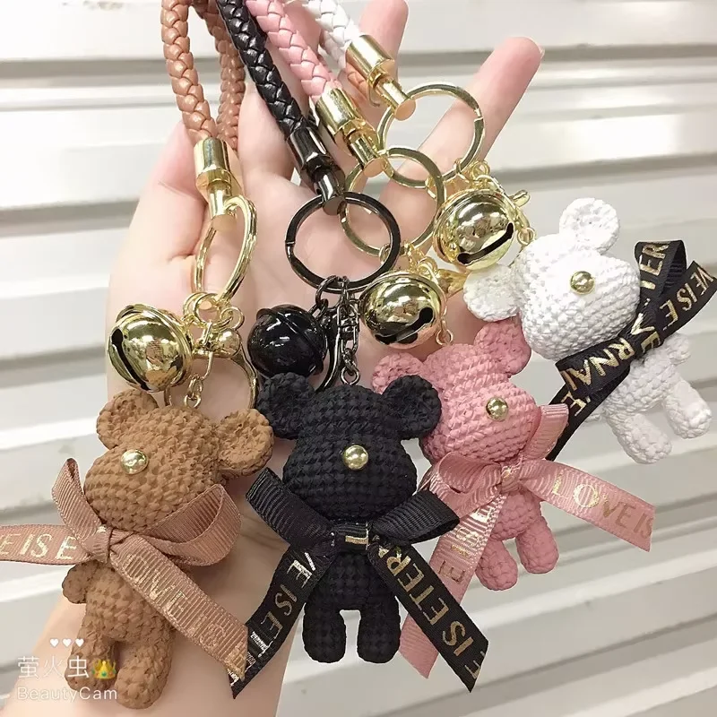 Wholesale Cute Bear Key Chain Resin Bow Bell Rabbit Keychain Car Key Ring For Girls Gift Weaving Fashion Doll Bag Keychain