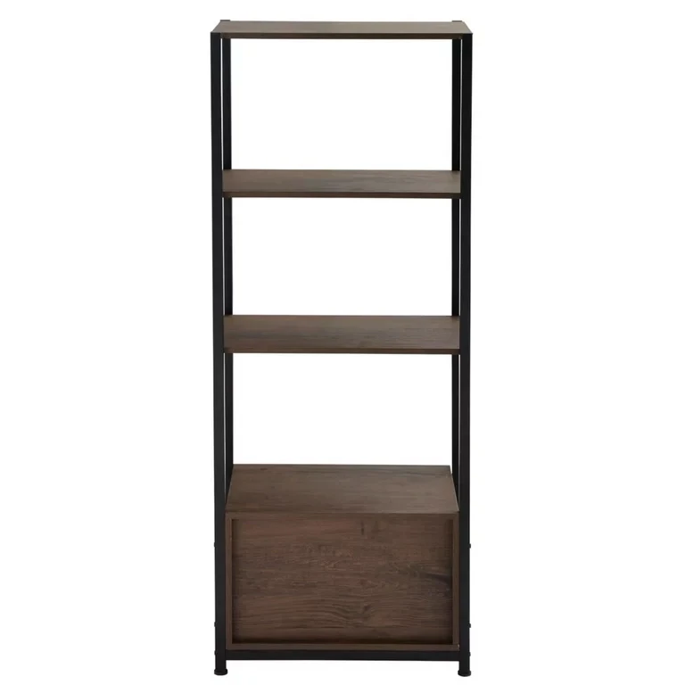 MDF OEM Large Tall Flat Pack Industrial Bookcase Metal Steel Iron Frame Bookshelf Wooden Wood Wall Two Drawers Shelf