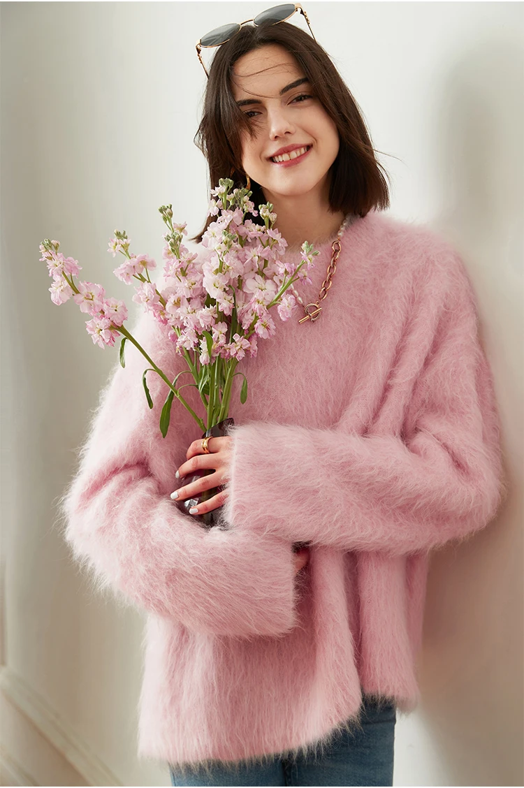 Kingsun OEM ODM custom design long sleeve cozy thick yellow alpaca wool oversized s fuzzy hairy sweater pullover for women