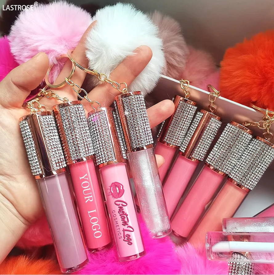 Wholesale Vegan Shiny Lip Gloss  With DIY Pompom Keychain Make Your Own Lipgloss With Diamond Smooth Liquid Lipstick
