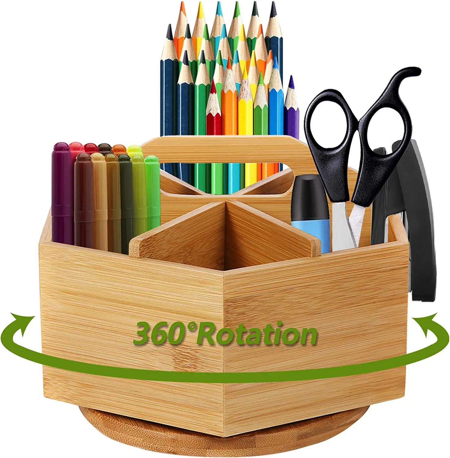 Bamboo Art Supply Organizer Wood Rotating Pencil Pen Holder with 6 Compartments Bamboo Office Supplies Desktop Storage Caddy
