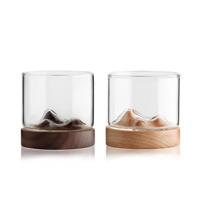 SOLHUI  Mountain Fuji Style Whiskey Glass with Wooden Bottom Wine Glass Teacups For Whiskey
