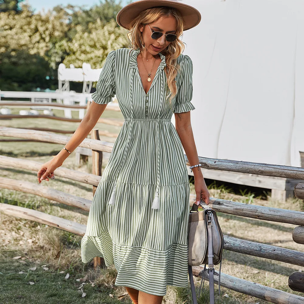 2023 new Summer Women  Sexy V-Neck elegant bohemian dresses Womens Ladies Fashion Solid Color A-Line Dress