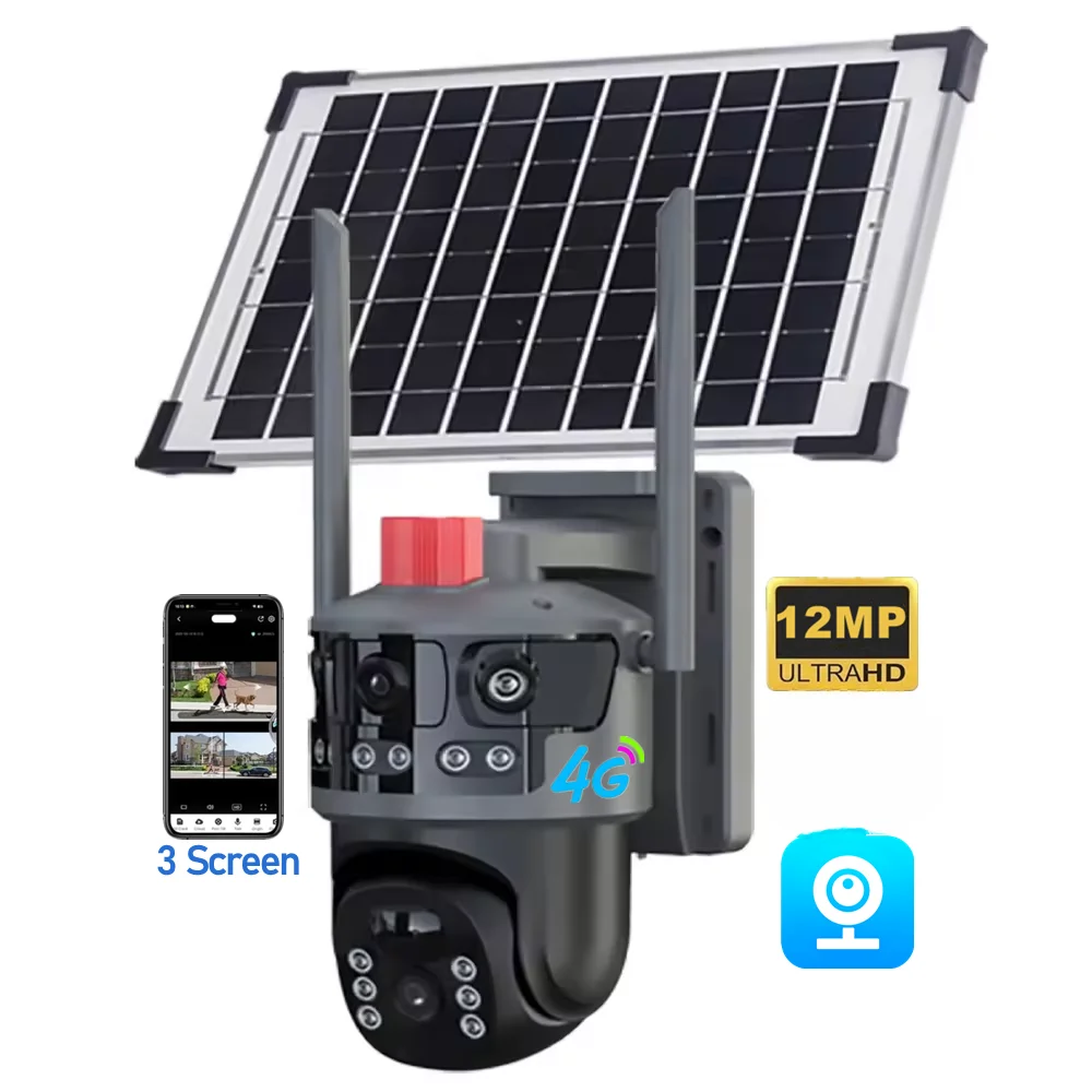 6k 12mp 4Lens 3 Screens 12MP 6K HD Outdoor Surveillance Camera 360 PTZ IP CCTV Wireless WIFI Solar 4G Sim Card Camera Security