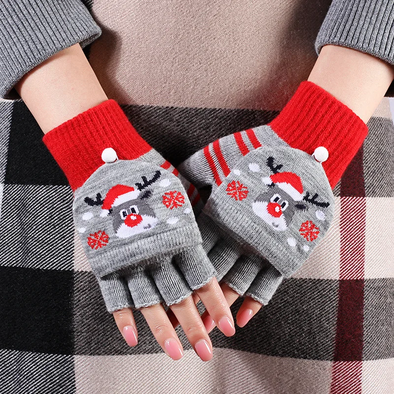 Ladies Teenager Winter Half Finger Thickened Warm Knitted Christmas Cartoon Cute Gloves