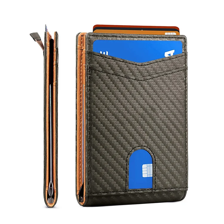 
Wholesale slim bifold genuine leather business card holder front pocket rfid mens carbon fiber wallet with money clip 