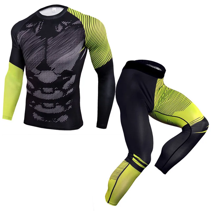 Custom Printed Mens Long Sleeve BJJ MMA Rash Guard Mens Compression Tights T shirt+leggings+shorts set