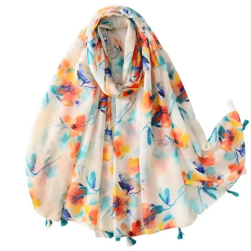 Manufacturer Girls Shawl Summer Stylish Sunscreen Scarves Viscose Floral Printed Scarf