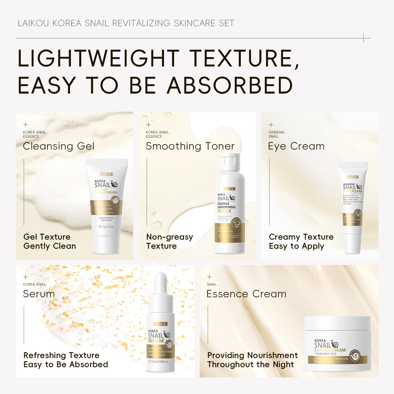 LAIKOU Skin Care Moisturizing Rejuvenating Repairing Firming Korea Snail Skin Care Set