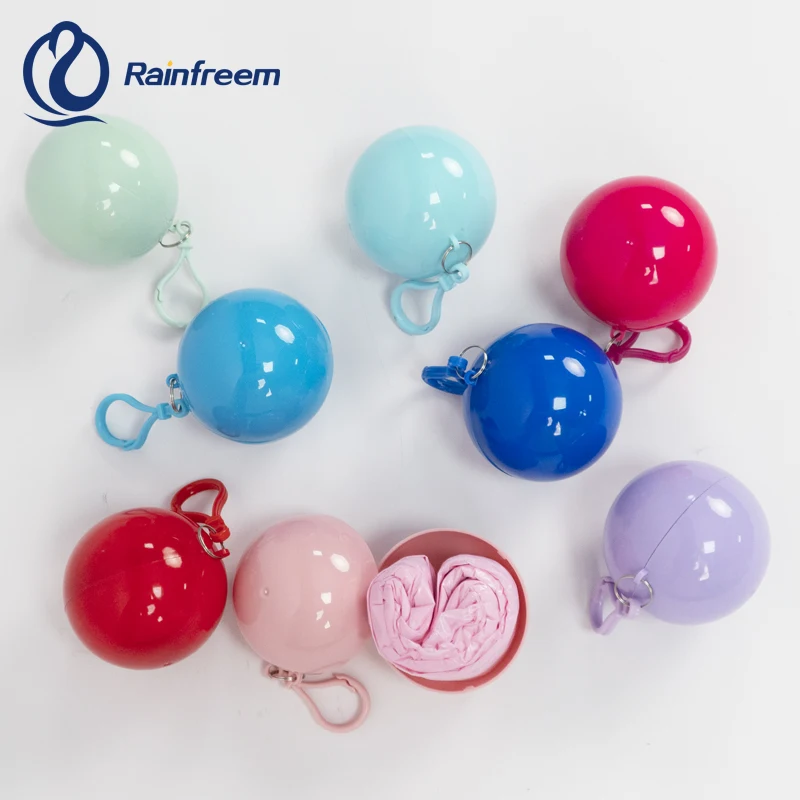 Logo Custom Portable Disposable Waterproof Compression Poncho Raincoat in Keychain Printed Pocket Balls for Adults Kids