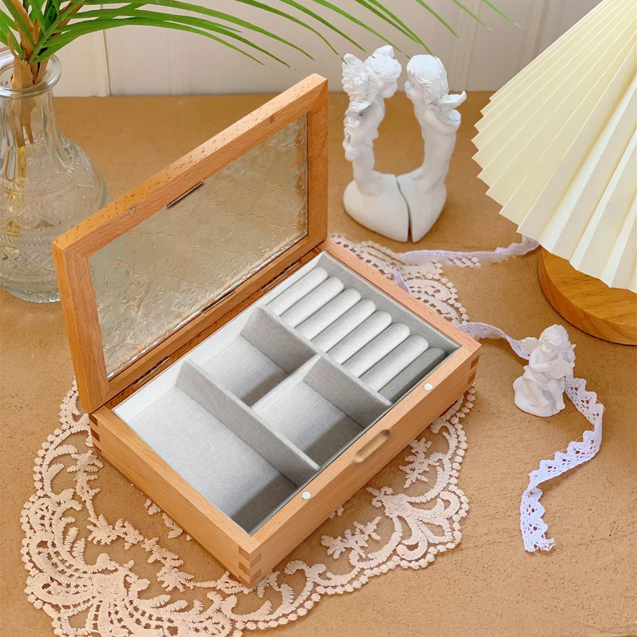 Vintage begonia glass wooden elegant jewelry storage box jewelry earrings necklace ring watch bracelet gift boxes