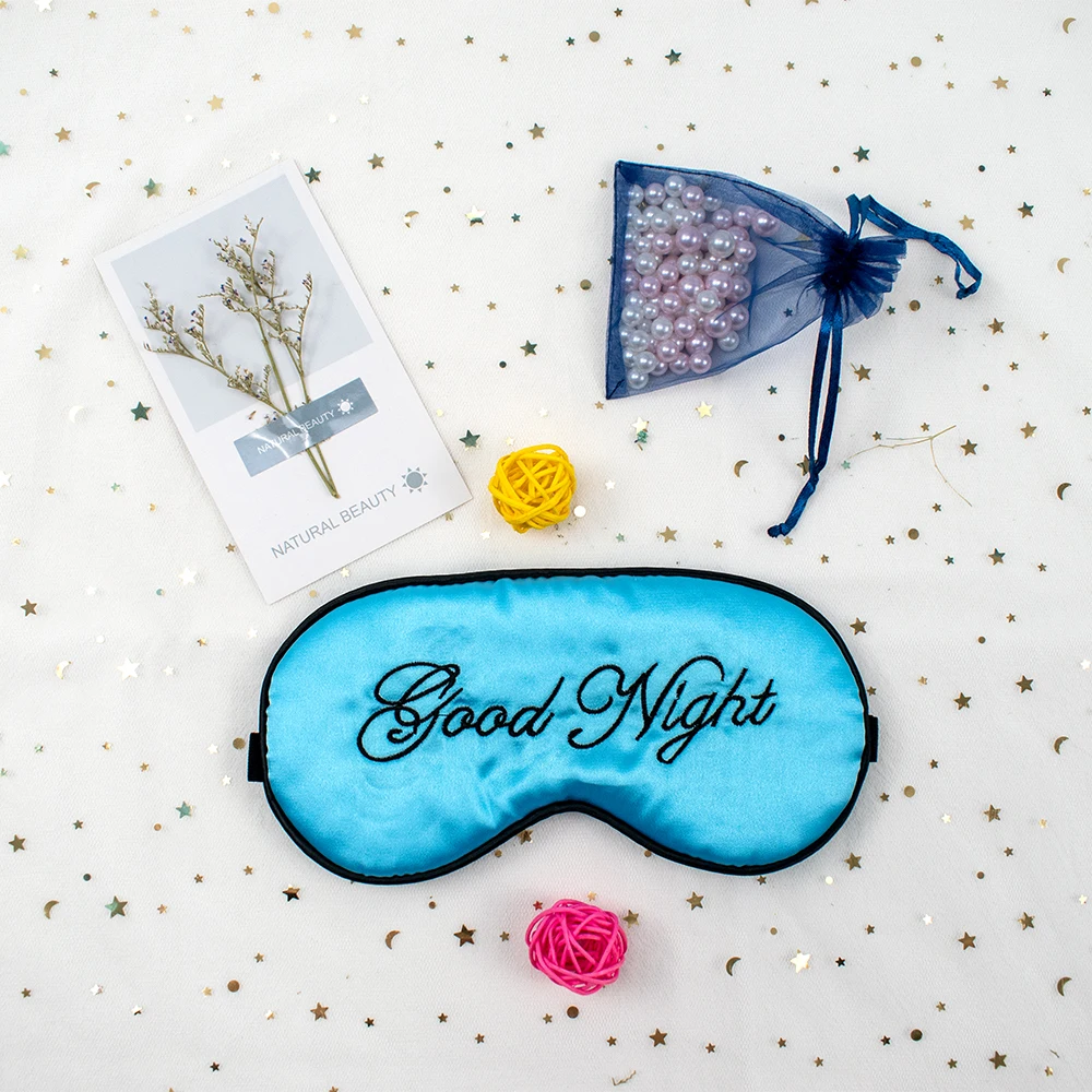 
embroidery good night sleep adjustable eye mask with different colors imitated silk eye cover for hotel 