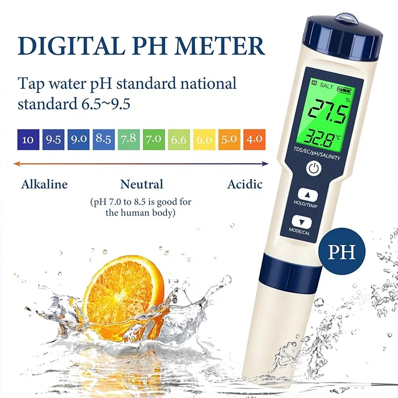 Handheld Water Tester, 5-in-1 pH/TDS/Salinity/Temperature and EC Meter, TDS Meter, Aquarium and Saltwater Pool Test Kit