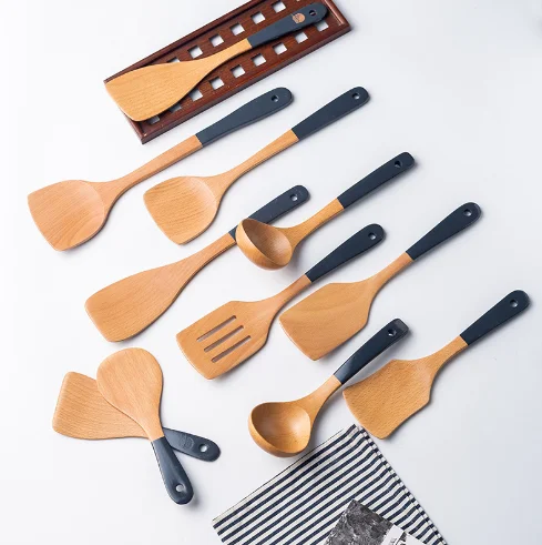 Kitchenware Set Wooden Non-Stick Cookware Tools with Spatula Fork Slotted Turner Corner Spoons for Cooking