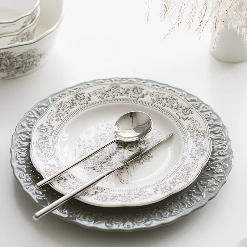 Hot-selling French Dinner Plate Wholesale Embossed Dinnerware Set Retro Ceramic Bowl & Plate
