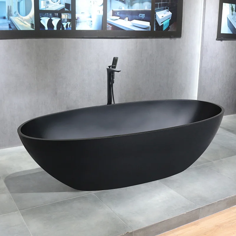 Bathtub Price Bathroom Freestanding Bathtub Shower Solid Surface Tub Grey Artificial Stone for Adult Black Modern KKR Drainer