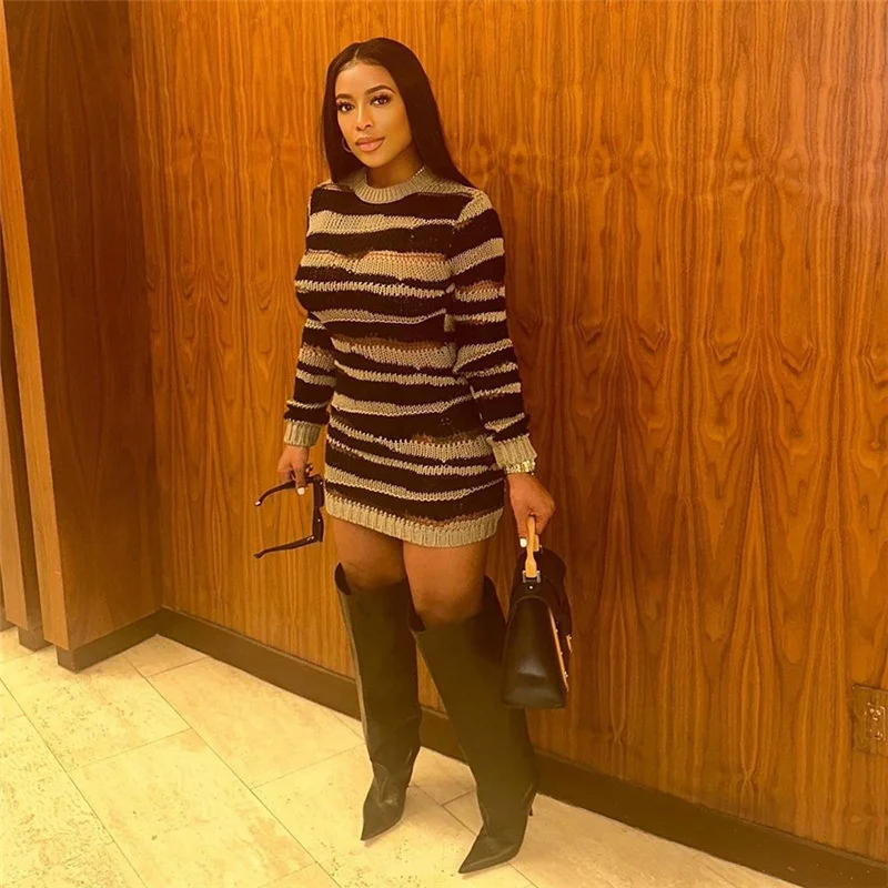 New Arrival Knitted Fall Clothing For Women 2023 Long Sleeve Knitting Stripe Ripped Dress Ladies Sexy Knit Bodycon Dresses