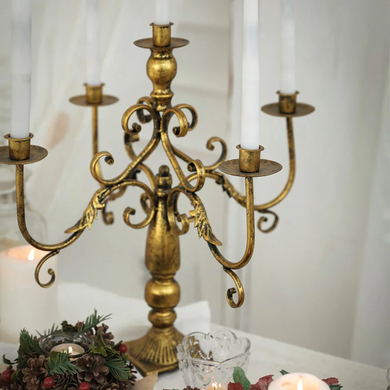 Antique Nordic Style Iron 5 Arm Candelabra Wedding Table Centerpieces Gold Metal Multiple Iron Candle Holder
