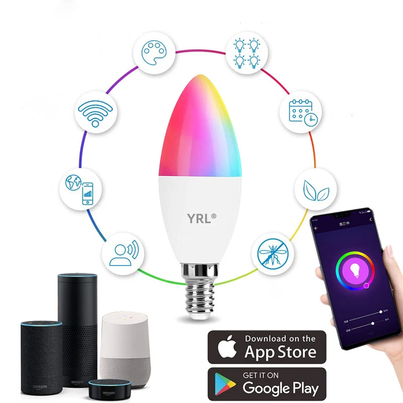 Умная лампа с Wi-Fi изменяющая цвет E14/E12 RGBCW работает Alexa и Google Home