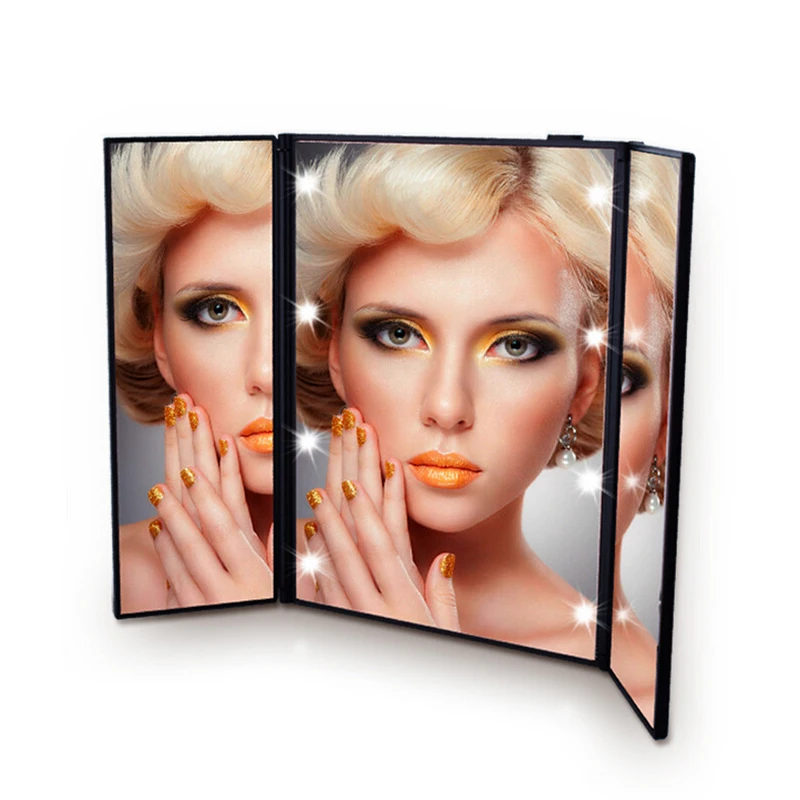 China wholesale cheap Tri-Fold Makeup Mirror with LED Light Portable Travel Small Pocket Mirrors Travel Fold Cosmetic Mirror